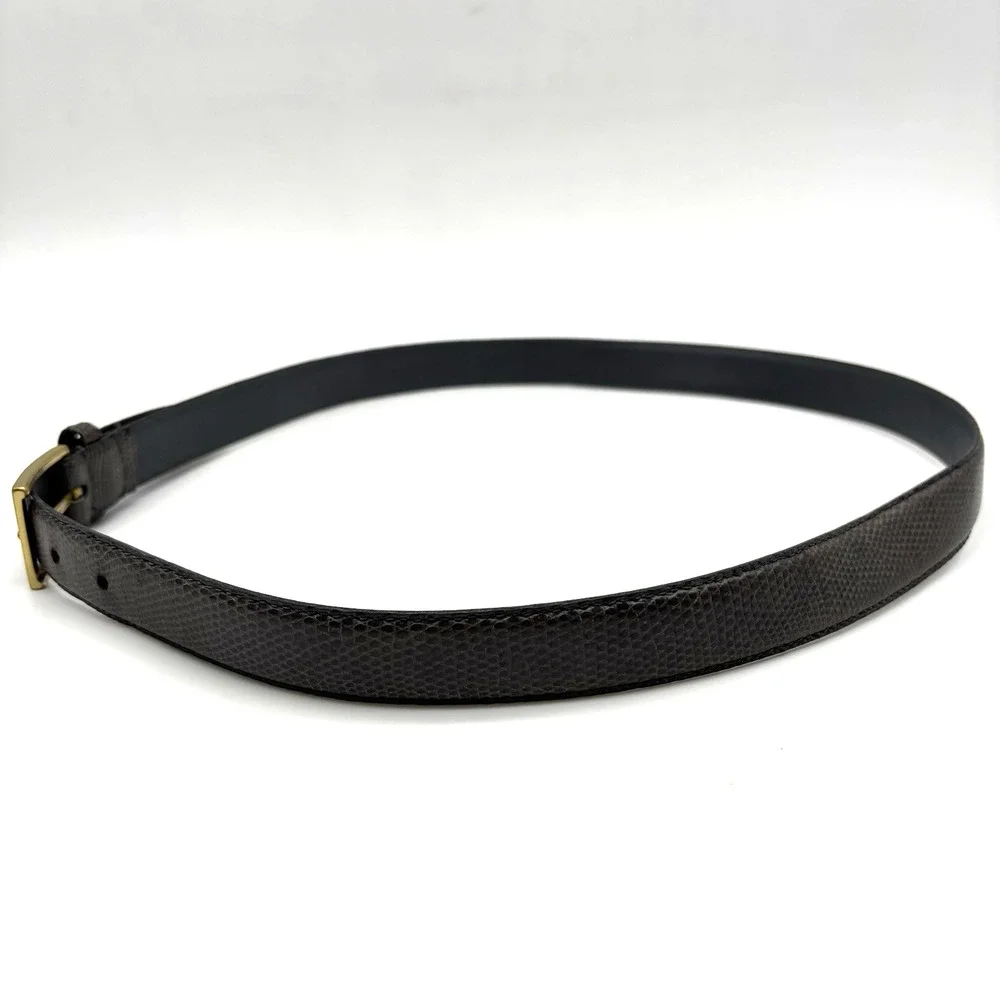 Vintage 80s Alfani Gray Genuine Lizard Leather Brass Buckle Dress Belt 36 34-38